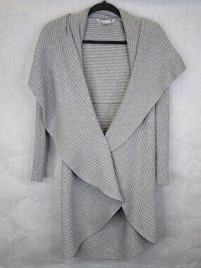 Peter Nygard Waterfall Cardigan Sweater Womens M Rib Knit Grey Open Long Cottage